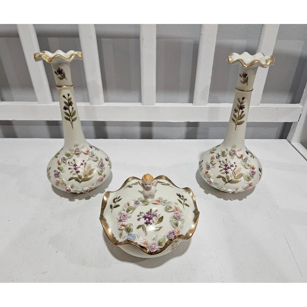 Mid-Century Lenwile Ardalt Japan Handpainted Porcelain Cherub Vanity Set, 6958